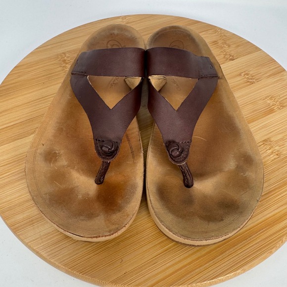 Olukai Kaekae Ko'o Brown Leather Flip Flop Sandals Womens 8 20409-SAGS - Picture 2 of 10